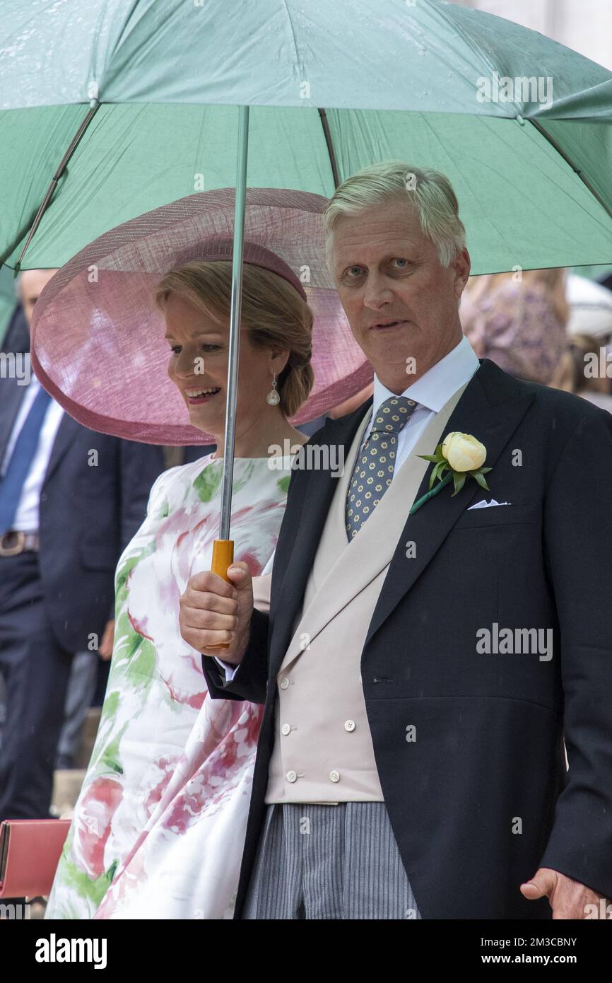 Queen Mathilde of Belgium and King Philippe - Filip of Belgium pictured leaving after the wedding ceremony of Princess Maria-Laura of Belgium and William Isvy, at the Saint Michael and Saint Gudula Cathedral (Cathedrale des Saints Michel et Gudule / Sint-Michiels- en Sint-Goedele kathedraal), Saturday 10 September 2022, in Brussels. BELGA PHOTO NICOLAS MAETERLINCK Stock Photo