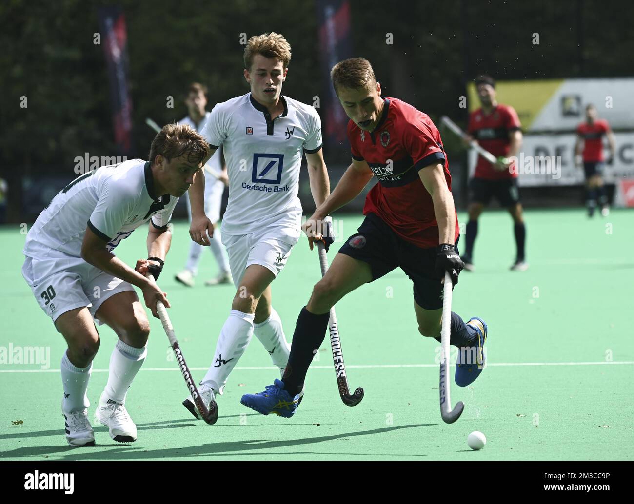 Watduck's Brieuc Petit and Dragons' Thomas Crols fight for the ball during a hockey game between KHC Dragons and Waterloo Ducks, Sunday 11 September 2022 in Brasschaat, on day 2 of the Belgian Men Hockey League season 2022-2023. BELGA PHOTO JOHN THYS Stock Photo