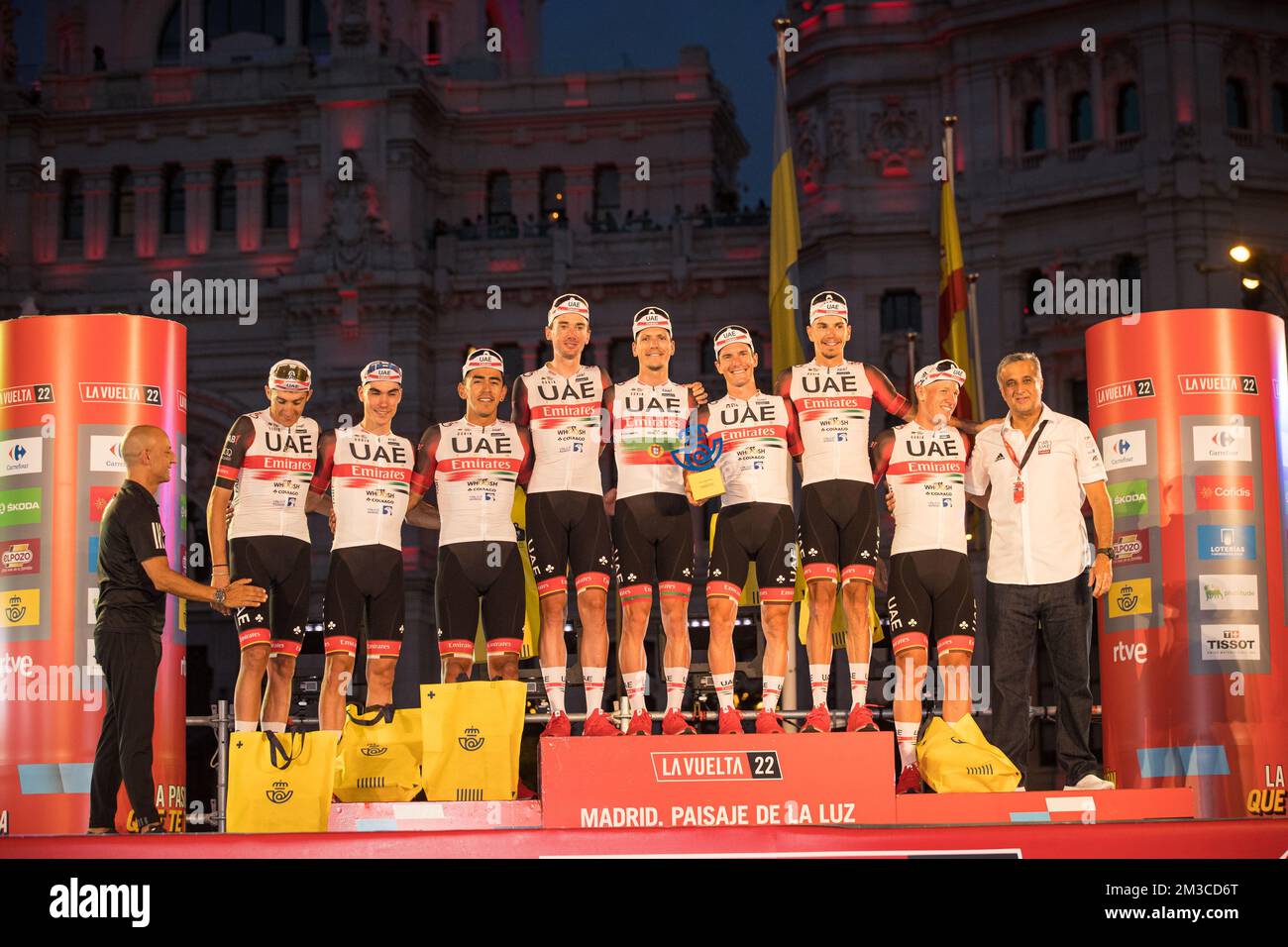 team UAE pictured during the podium ceremony after the final stage of the 2022 edition of the