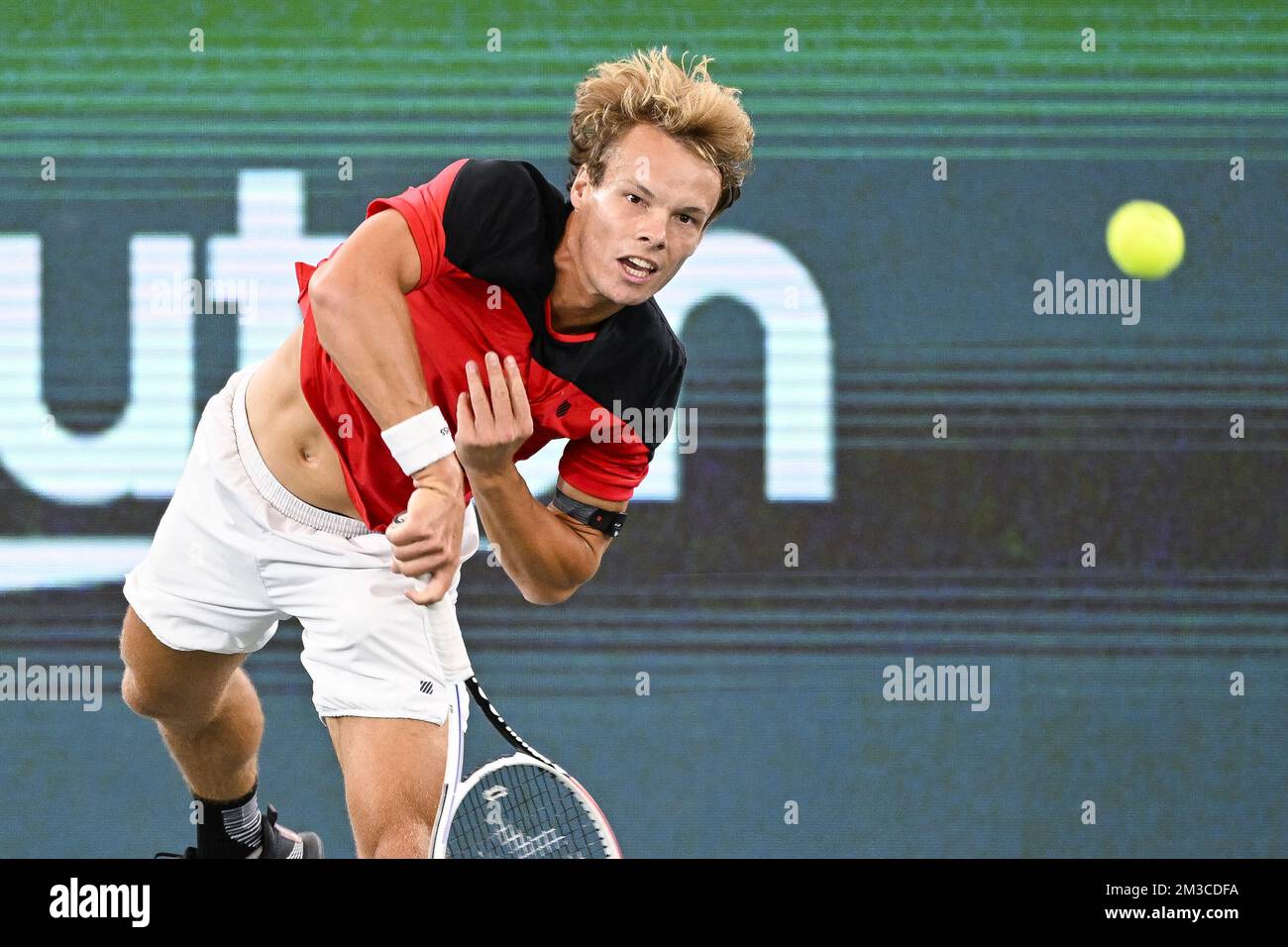 Belgian Michael Geerts pictured in action during a training session of the Belgian team ahead of the group stage of the 2022 Davis Cup finals, Monday 12 September 2022, in Hamburg, Germany.
