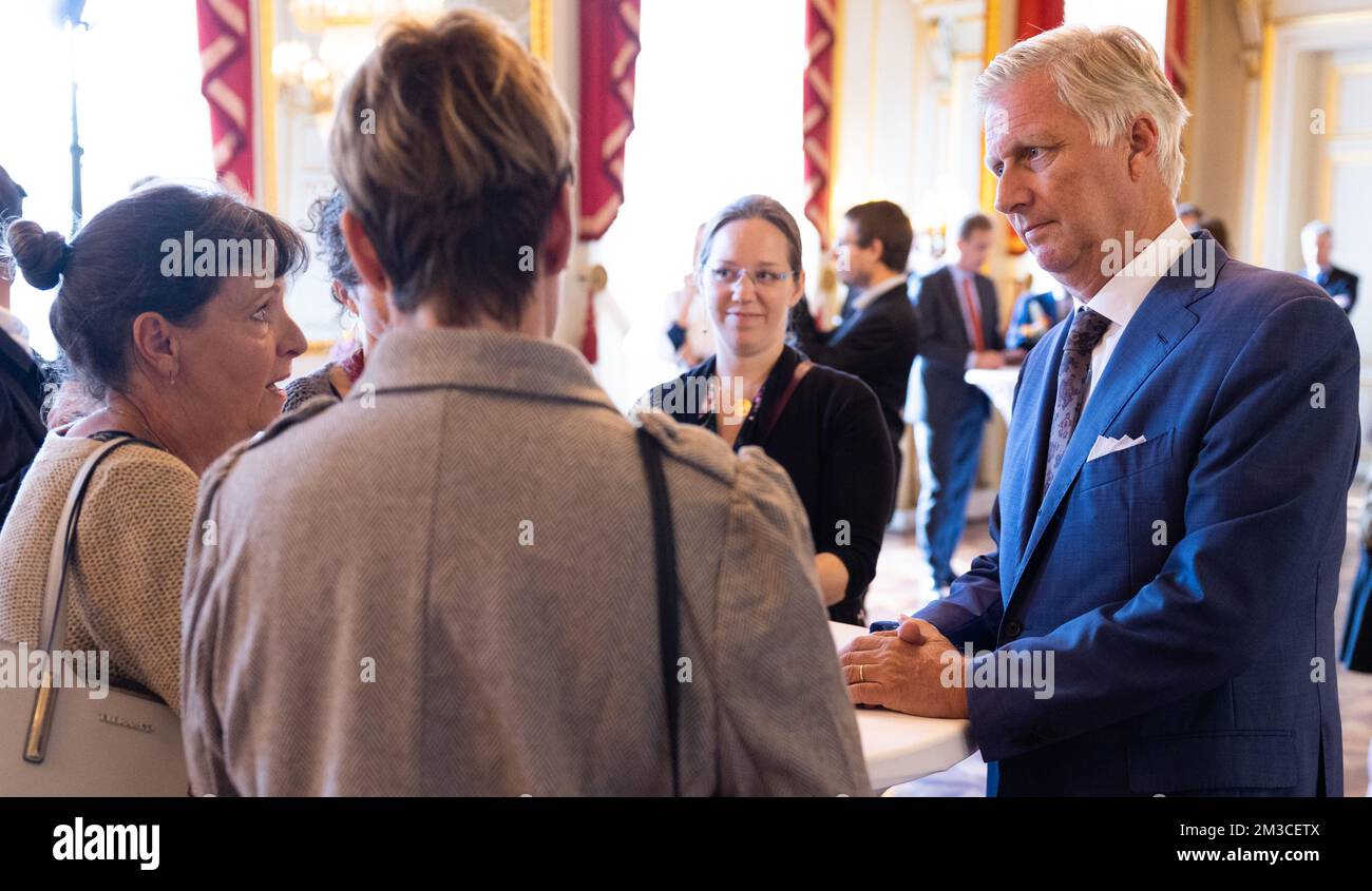 King Philippe - Filip of Belgium meets with Hanne Van Laer, Marianne Fontaine, Anne Vandebosch and Hadewijch Verhoeven during a royal audience with ten heroes of the Be Heroes initiative, at the Royal Palace, in Brussels, Thursday 15 September 2022. With the support of the King and Minister of the Interior Verlinden, the citizens' initiative Be Heroes was looking for everyday heroes who make a big difference with small deeds and who, far from all the attention, giving the best of themselves to help others. Anyone could nominate their hero on beheroes.be. From all the submitted stories, 50 hero Stock Photo