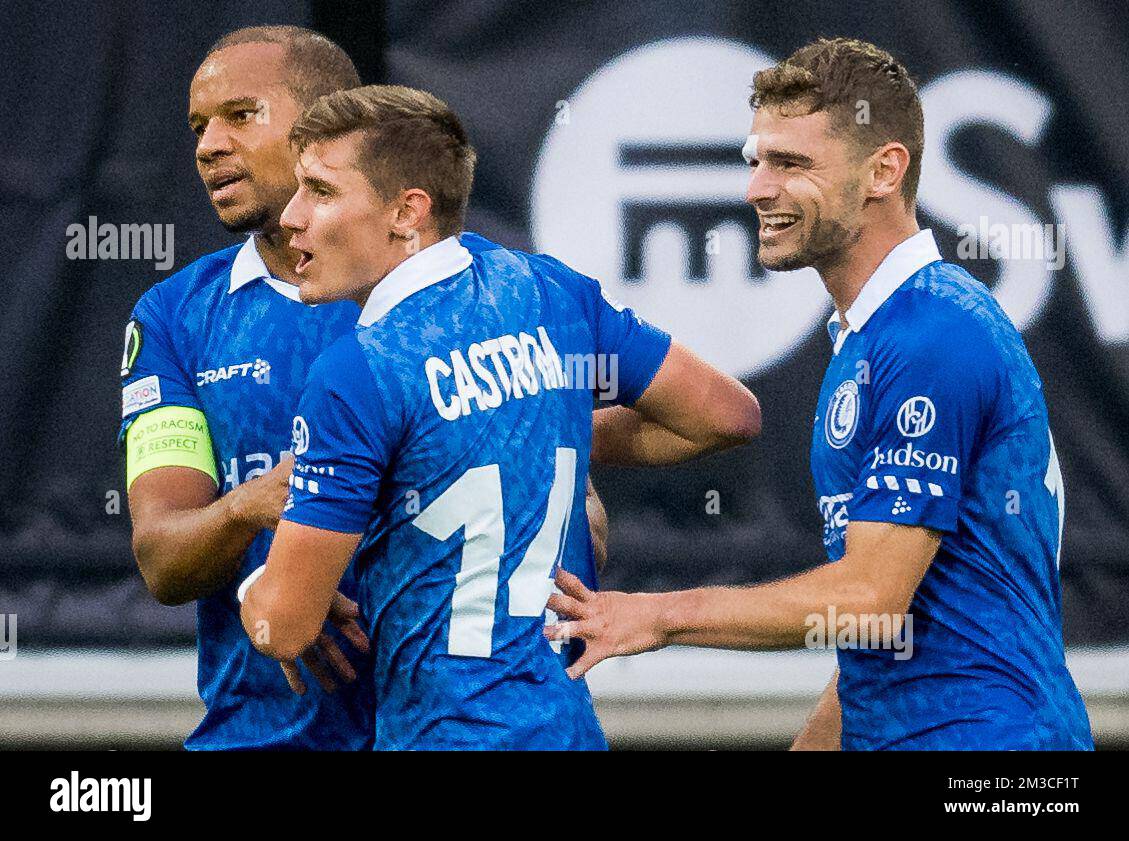 Gent's Vadis Odjidja-Ofoe, Gent's Alessio Castro-Montes and Gent's Hugo Cuypers celebrate after scoring during a soccer match between Belgian KAA Gent and Irish Shamrock Rovers F.C., Thursday 15 September 2022 in Gent, on day two of the UEFA Europa Conference League group stage. BELGA PHOTO JASPER JACOBS Stock Photo