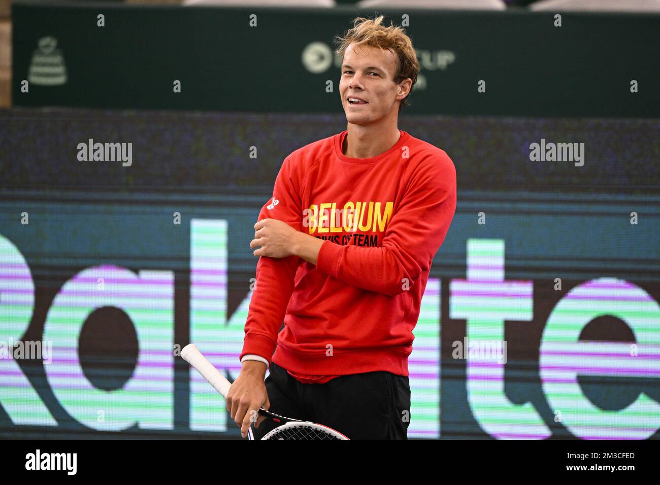 Belgian Michael Geerts pictured during a training session of the Belgian team during the group stage of the 2022 Davis Cup finals, Friday 16 September 2022, in Hamburg, Germany