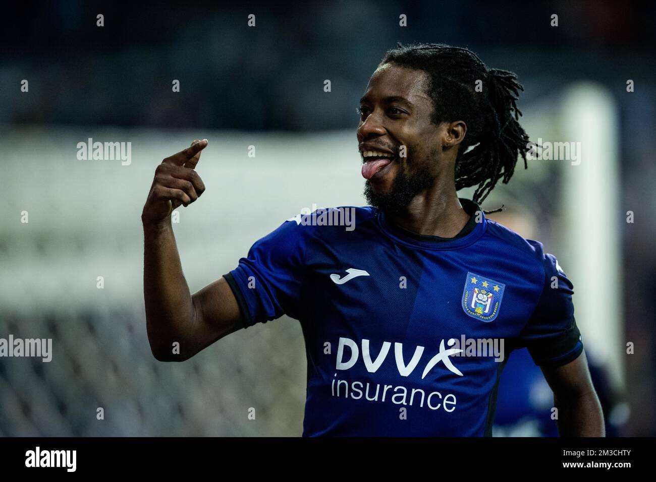 Anderlecht's Majeed Ashimeru celebrates after scoring during a soccer match between RSCA Anderlecht and KV Kortrijk, Sunday 18 September 2022 in Anderlecht, on day 9 of the 2022-2023 'Jupiler Pro League' first division of the Belgian championship. BELGA PHOTO JASPER JACOBS Stock Photo