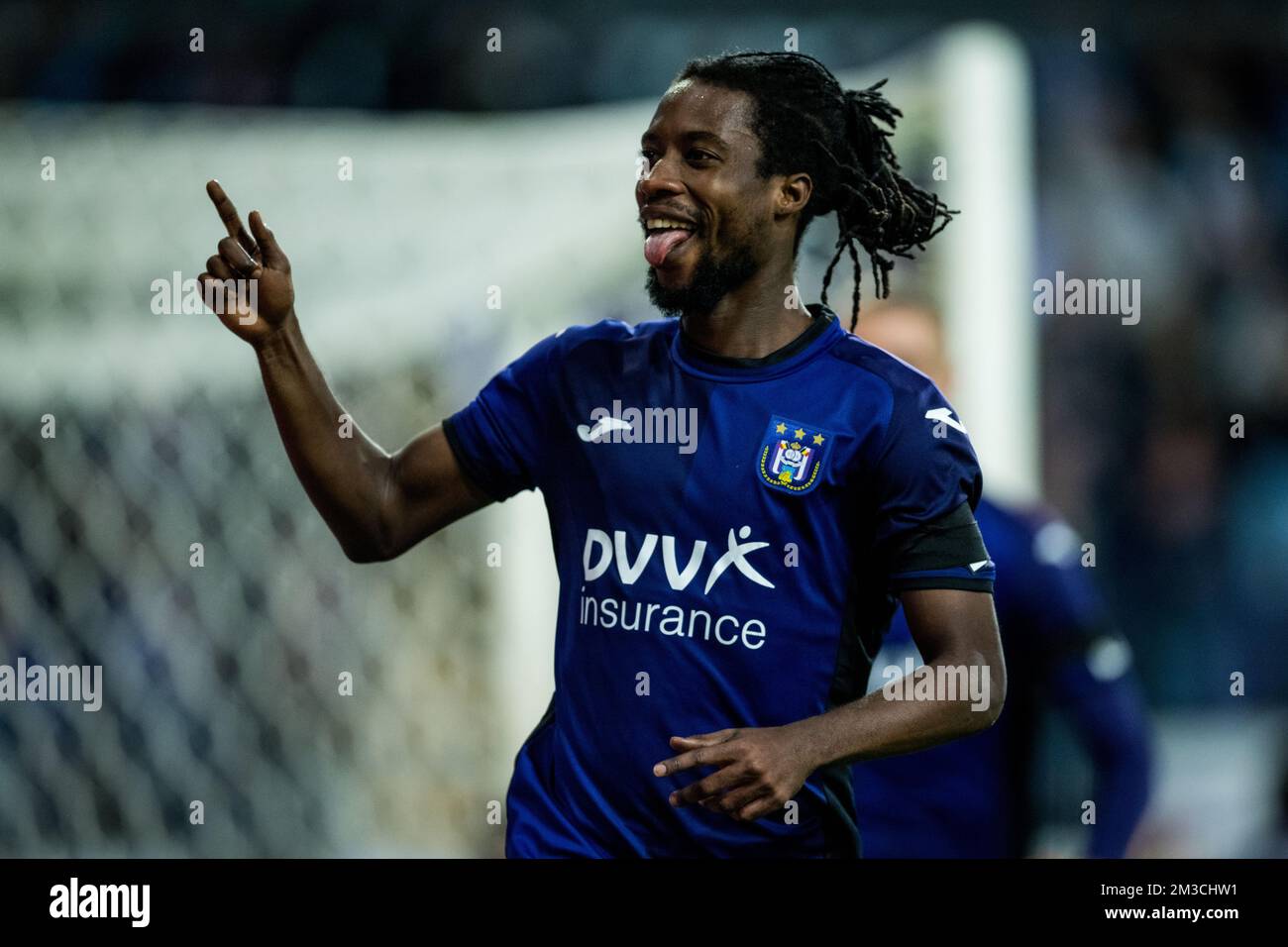 Anderlecht's Majeed Ashimeru celebrates after scoring during a soccer match between RSCA Anderlecht and KV Kortrijk, Sunday 18 September 2022 in Anderlecht, on day 9 of the 2022-2023 'Jupiler Pro League' first division of the Belgian championship. BELGA PHOTO JASPER JACOBS Stock Photo