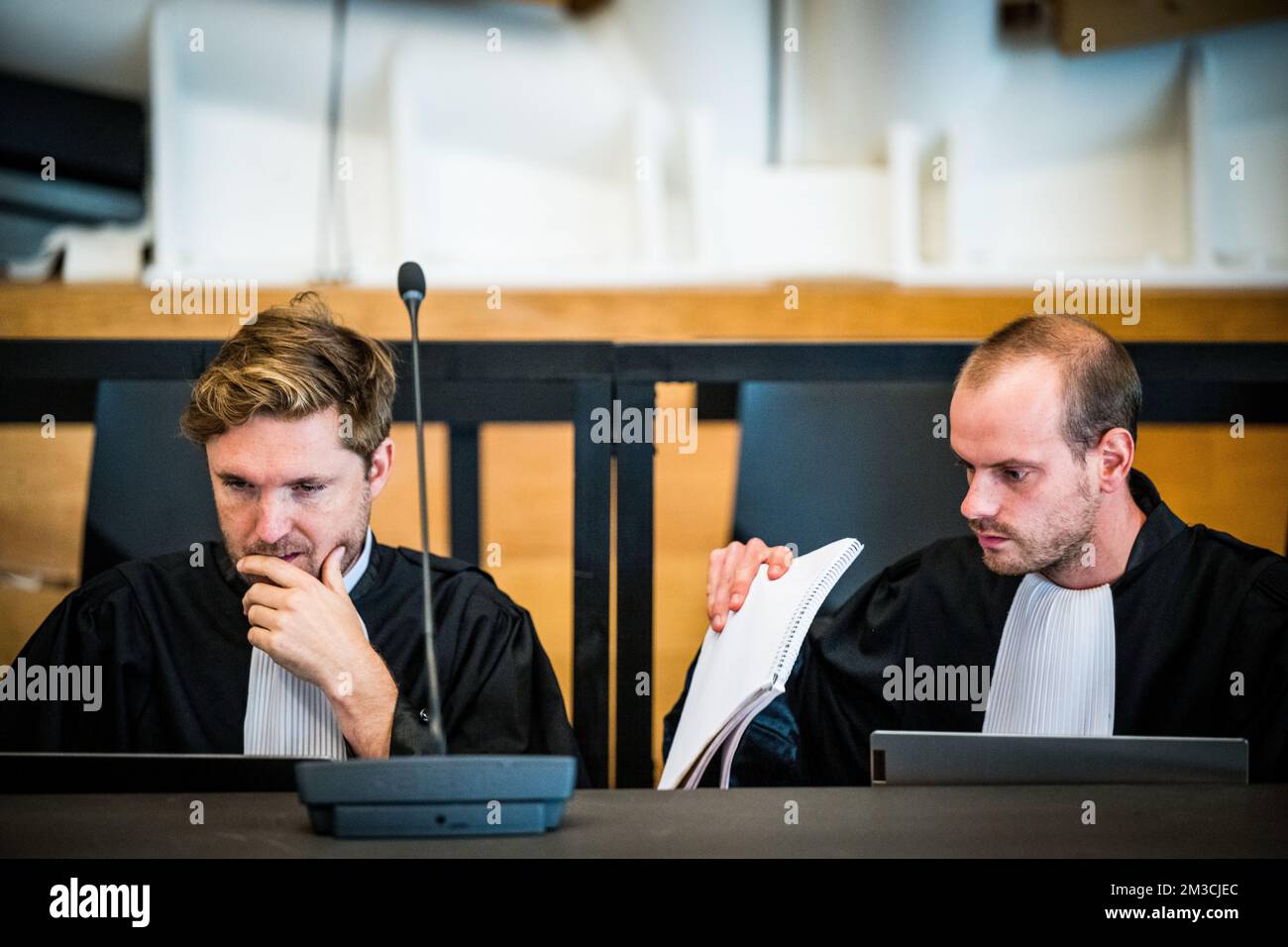 Lawyer Dimitri De Beco and Lawyer Dries Paternot pictured during the jury constitution session at the assizes trial of Selahaddin Tankisi before the Assizes Court of Antwerp Province in Antwerp, Tuesday 20 September 2022. Tankisi is accused of the murder of tailor Mehmet Ozkaraman, who was found bleeding in front of his tailor shop on the Brederodestraat in Antwerp on November 6, 2019. BELGA PHOTO JASPER JACOBS Stock Photo