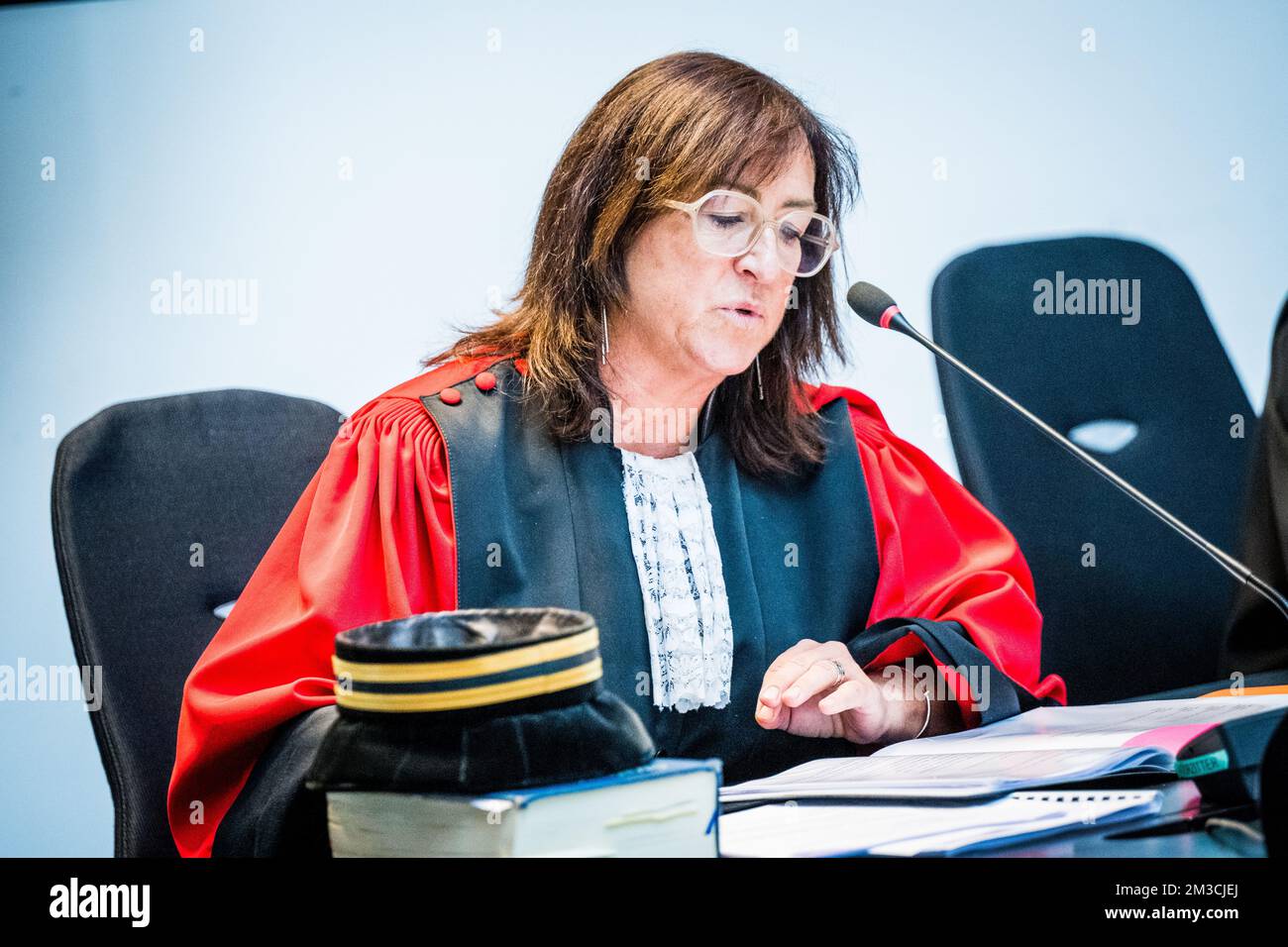 Chairwoman of the court Alexandra Van Kelst pictured during the jury constitution session at the assizes trial of Selahaddin Tankisi before the Assizes Court of Antwerp Province in Antwerp, Tuesday 20 September 2022. Tankisi is accused of the murder of tailor Mehmet Ozkaraman, who was found bleeding in front of his tailor shop on the Brederodestraat in Antwerp on November 6, 2019. BELGA PHOTO JASPER JACOBS  Stock Photo