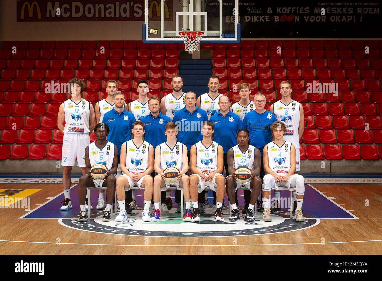 The team poses for a photoshoot of Belgian Basketball team Okapi Aalst