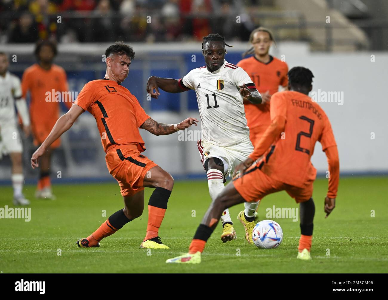 Jong Oranje's Mees Hilgers and Belgium's Jeremy Doku fight for the ball  during a friendly soccer game between the U21 teams of Belgium and the  Netherlands, Friday 23 September 2022 in Heverlee.