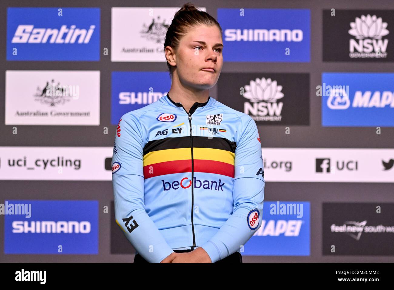 Belgian Lotte Kopecky pictured on the podium after the women's elite road race at the UCI Road