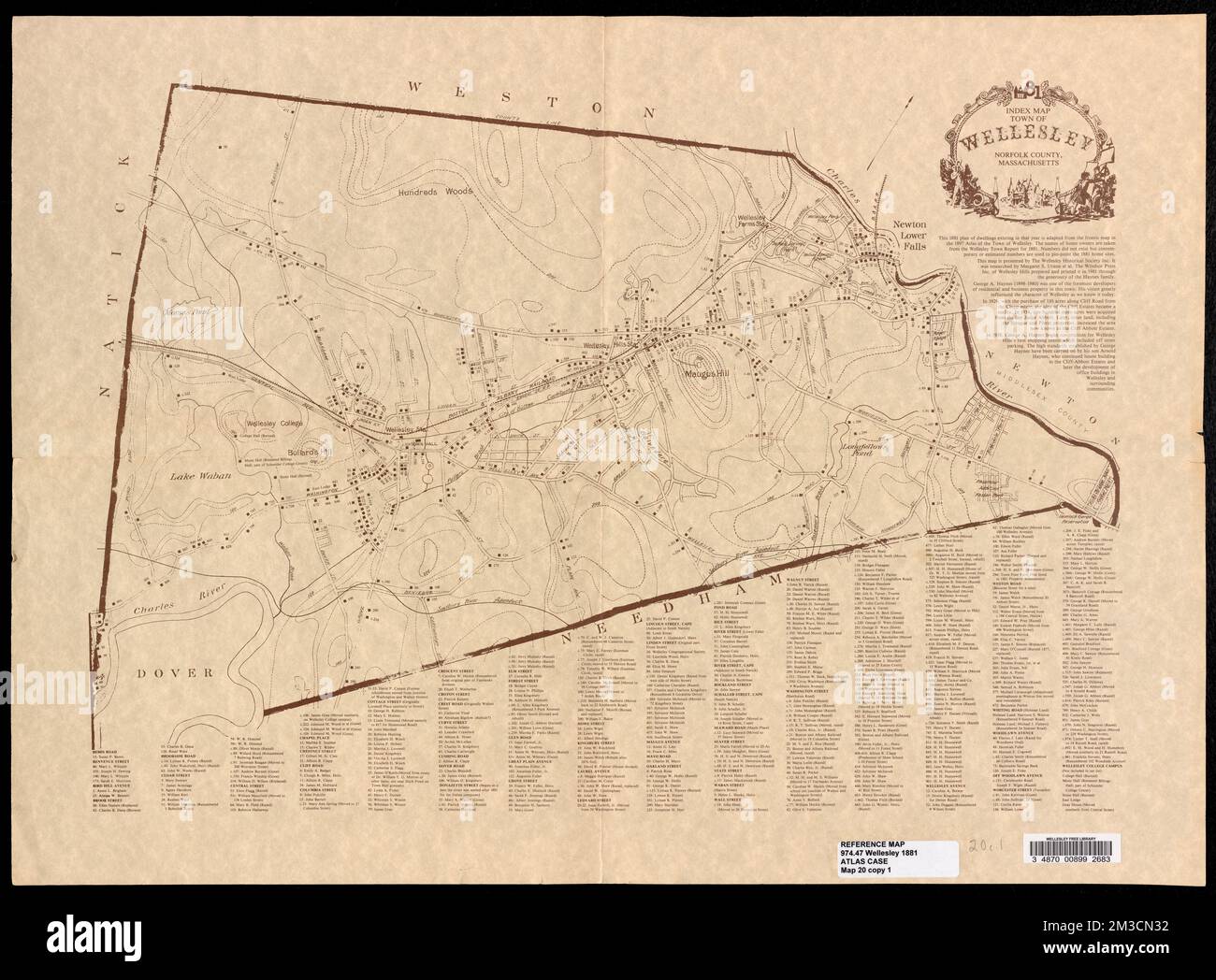 Index map, Town of Wellesley, Norfolk County, Massachusetts, 1881 ,. Wellesley Local Historical