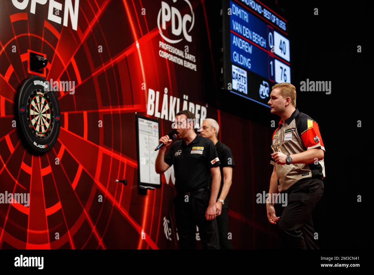 Belgian Dimitri Van den Bergh pictured in action during the second day of  the Belgian Darts Open, a tournament in the European Tour that takes places  from September 23 until September 25