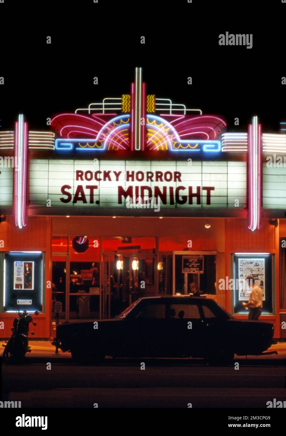 The Nuart Theater marquee with Rocky Horror Picture Show playing at midnight on Saturdays in West Los Angeles, CA Stock Photo