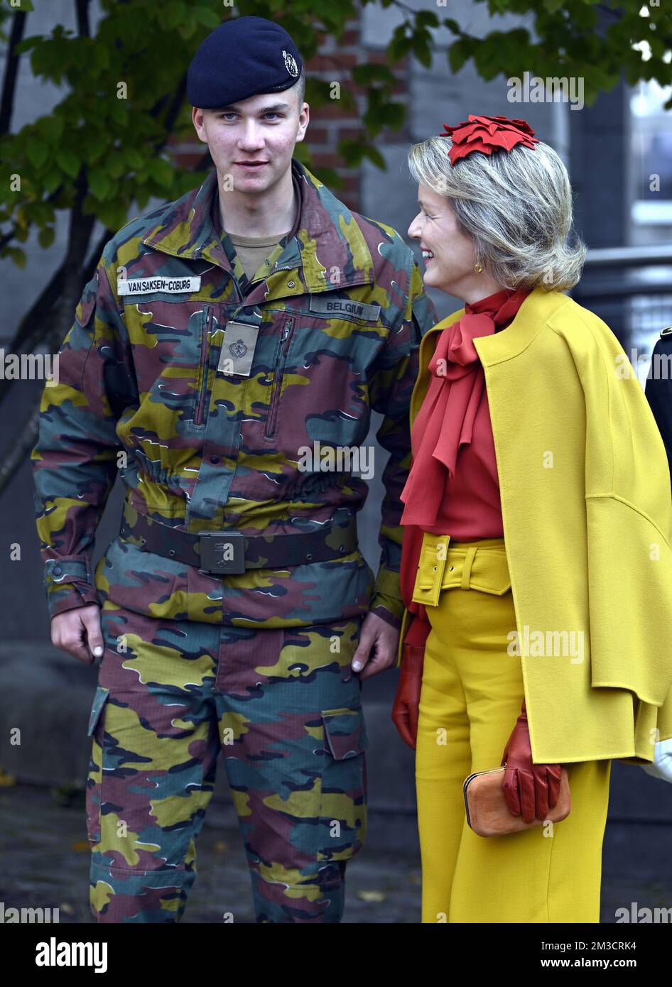 Prince Gabriel and Queen Mathilde of Belgium pictured during the Blue  Berets parade during which the first-year students of the Royal Military  Academy, who successfully completed the military initiation phase, are  presented