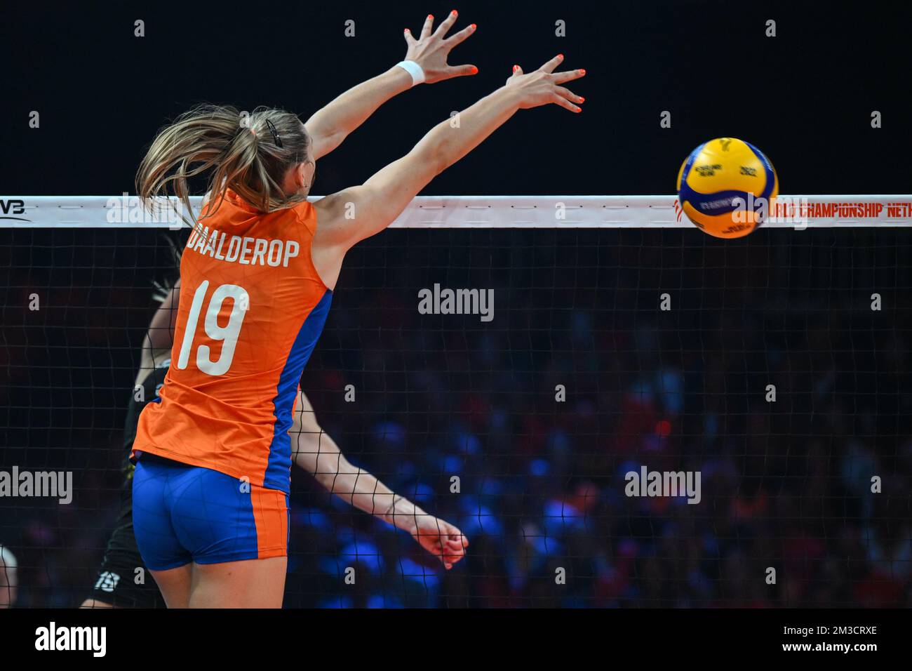 goud Hen Anzai Netherland's and Nika Daalderop pictured in action during a volleyball game  between the Netherlands vs Belgian national women's team the Yellow Tigers,  Friday 30 September 2022 in Arnhem during the pool stage (