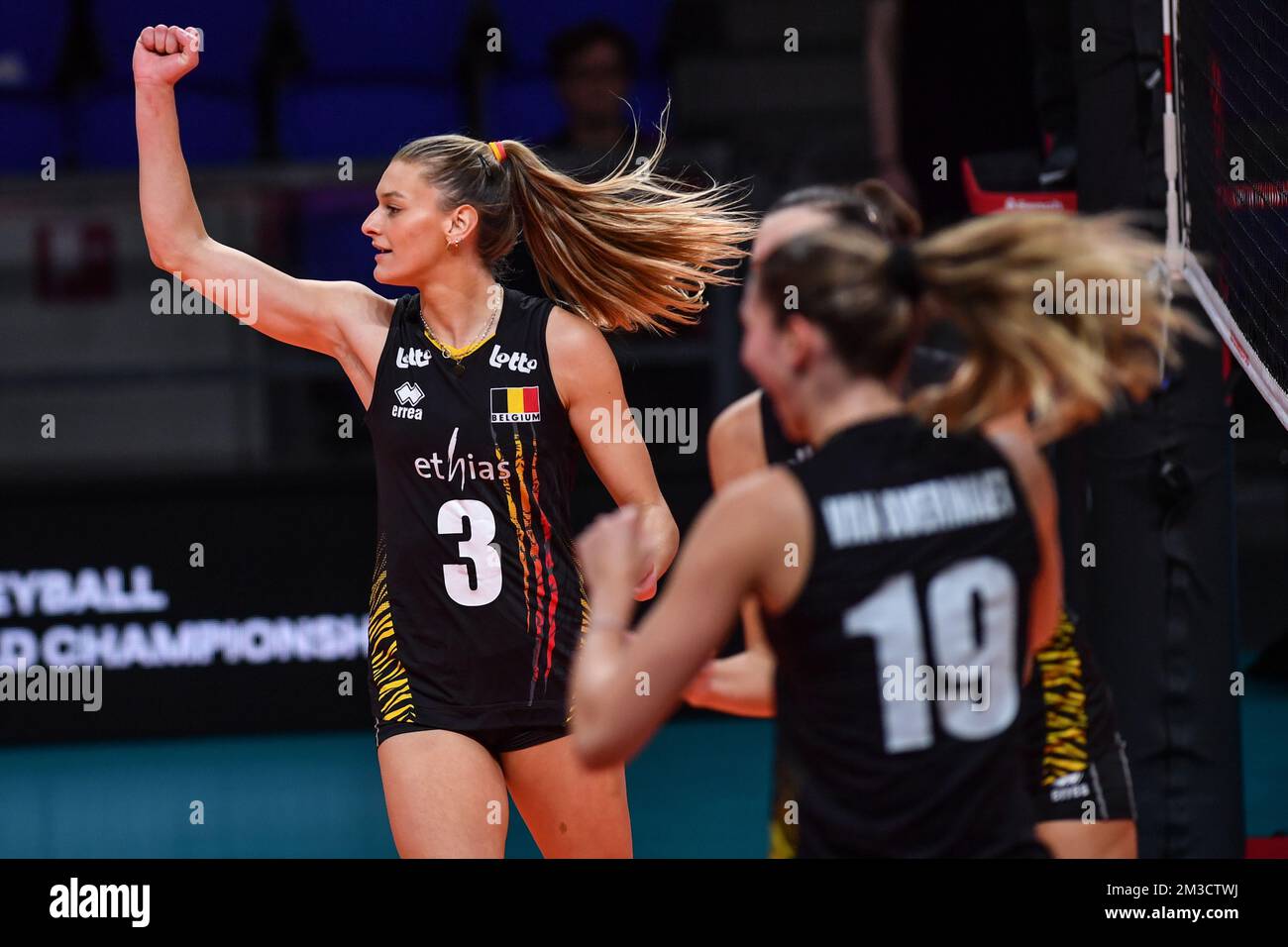 Belgium's Britt Herbots and celebrates during a volleyball game between  Belgian national women's team the Yellow Tigers and Cameroon national team,  Sunday 02 October 2022 in Arnhem during the pool stage (game
