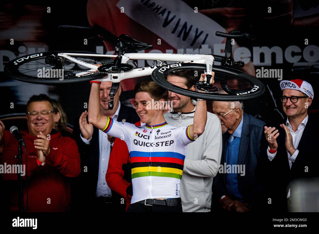 Belgian Remco Evenepoel pictured during the celebration of world champion Evenepoel in Dilbeek and start of a big bike ride to Brussels, Sunday 02 October 2022. 22 years old Evenepoel, from Schepdael, Dilbeek, became world champion after a great season with a win at the Vuelta, first Belgian in 44 years to win a big tour. BELGA PHOTO JASPER JACOBS Stock Photo