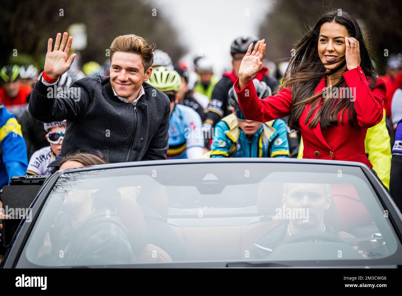Remco Evenepoel and his partner Oumaima Oumi Rayane pictured during a big bike ride to Brussels around world champion, Sunday 02 October 2022, part of the celebration of world champion Evenepoel, the 22 years old, from Schepdael, Dilbeek, became world champion after a great season with a win at the Vuelta, first Belgian in 44 years to win a big tour. BELGA PHOTO JASPER JACOBS Stock Photo