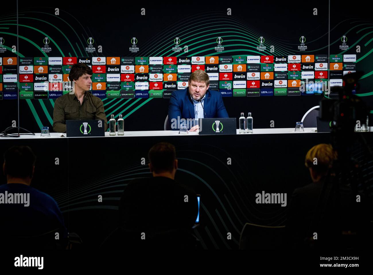 Gent's communications manager Tom Vandenbulcke and Gent's head coach Hein Vanhaezebrouck pictured during a press conference of Belgian soccer team KAA Gent, Wednesday 05 October 2022 in Gent, in preparation of tomorrow's game against Swedish team Djurgardens IF on day three of the Uefa Europa Conference League group stage. BELGA PHOTO JASPER JACOBS Stock Photo