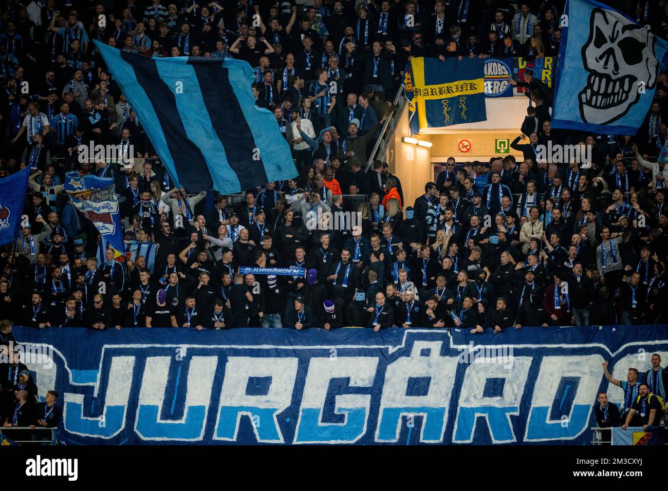 Djurgardens' supporters pictured before a soccer match between Belgian KAA Gent and Swedish Djurgardens IF, Thursday 06 October 2022 in Gent, on day three of the UEFA Europa Conference League group stage. BELGA PHOTO JASPER JACOBS Stock Photo