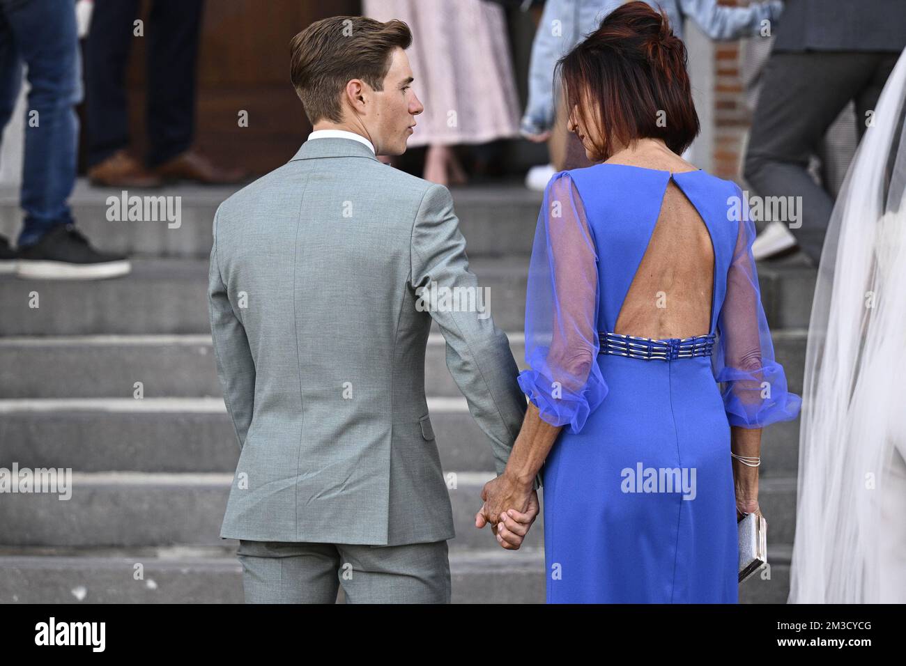 Belgian Remco Evenepoel and Remco's mother Agna Van Eeckhout pictured ahead of the wedding of Belgian cyclist Remco Evenepoel and Oumi Rayane, Friday 07 October 2022 in Dilbeek, Belgium. BELGA PHOTO JASPER JACOBS  Stock Photo