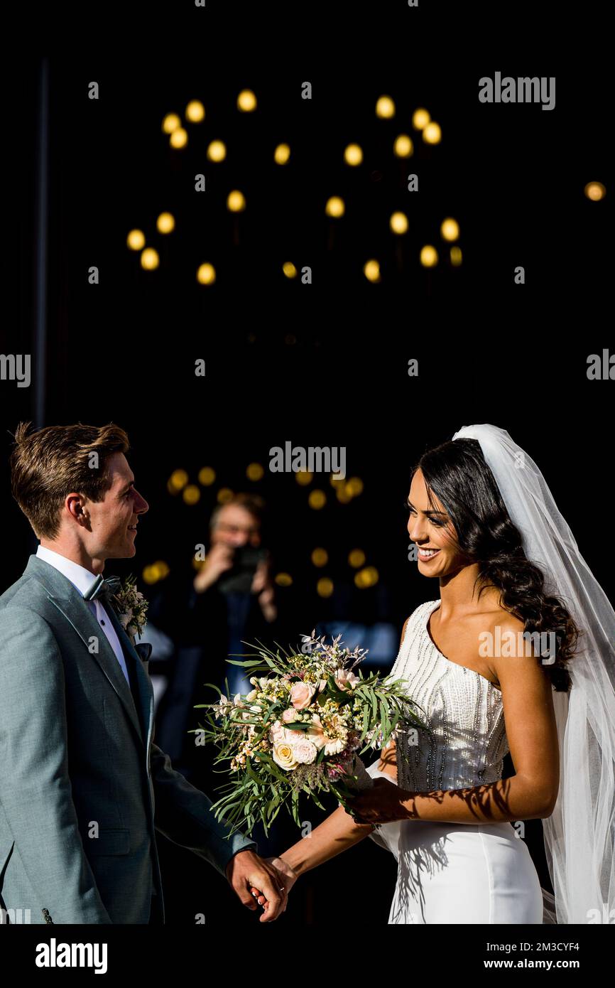 Newly weds Belgian Remco Evenepoel and Oumaima Oumi Rayane pictured after the wedding of Belgian cyclist Remco Evenepoel and Oumi Rayane, Sunday 02 October 2022 in Dilbeek, Belgium. BELGA PHOTO JASPER JACOBS  Stock Photo