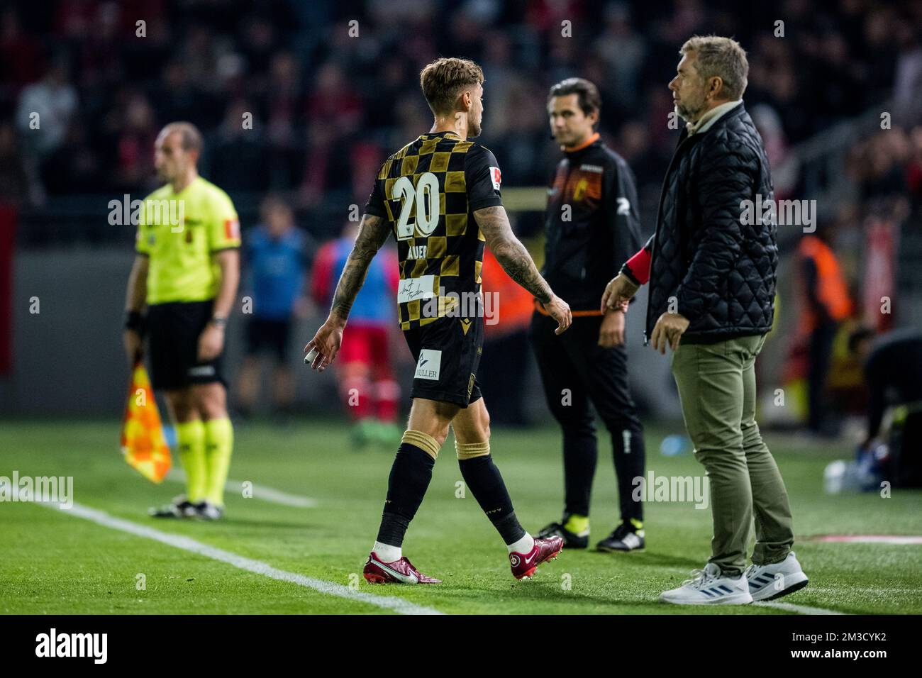 STVV's Robert Bauer leaves the field after receiving a red card during a soccer match between Royal Antwerp FC RAFC and Sint-Truiden STVV, Friday 07 October 2022 in Antwerp, a match on day 11 of the 2022-2023 'Jupiler Pro League' first division of the Belgian championship. BELGA PHOTO JASPER JACOBS Stock Photo