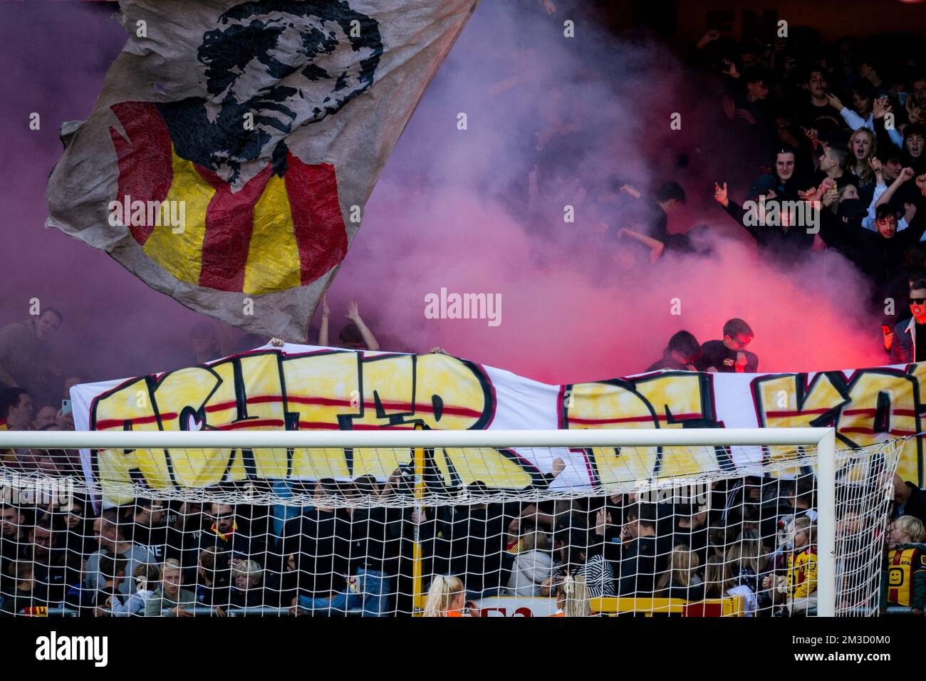 Mechelen's supporters pictured during a soccer match between KV Mechelen and RSC Anderlecht, Sunday 09 October 2022 in Mechelen, on day 11 of the 2022-2023 'Jupiler Pro League' first division of the Belgian championship. BELGA PHOTO JASPER JACOBS Stock Photo