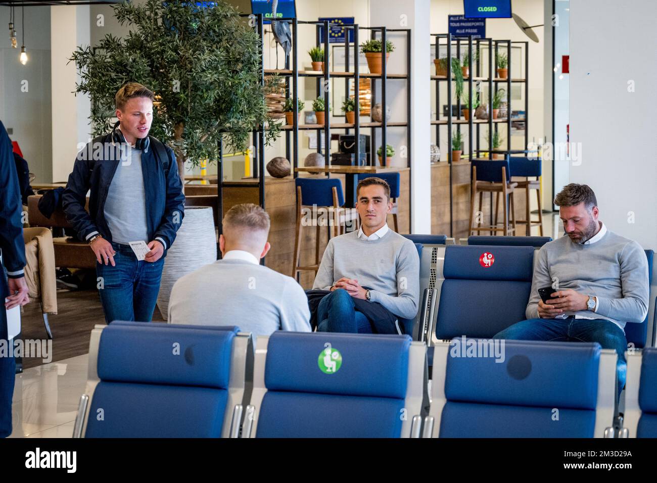 Gent's players pictured as Belgian soccer team KAA Gent travel from Oostende airport to Sweden, Wednesday 12 October 2022, for tomorrow's game against Swedish team Djurgardens IF on day four of the Uefa Europa Conference League group stage. BELGA PHOTO JASPER JACOBS Stock Photo