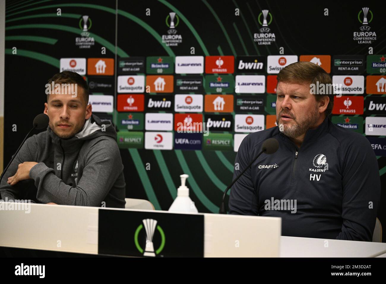 Gent's Andrew Hjulsager and Gent's head coach Hein Vanhaezebrouck pictured during a press conference of Belgian soccer team KAA Gent, Wednesday 12 October 2022 in Johanneshov, Stockholm, Sweden, in preparation of tomorrow's game against Swedish team Djurgardens IF on day four of the Uefa Europa Conference League group stage. BELGA PHOTO JASPER JACOBS  Stock Photo
