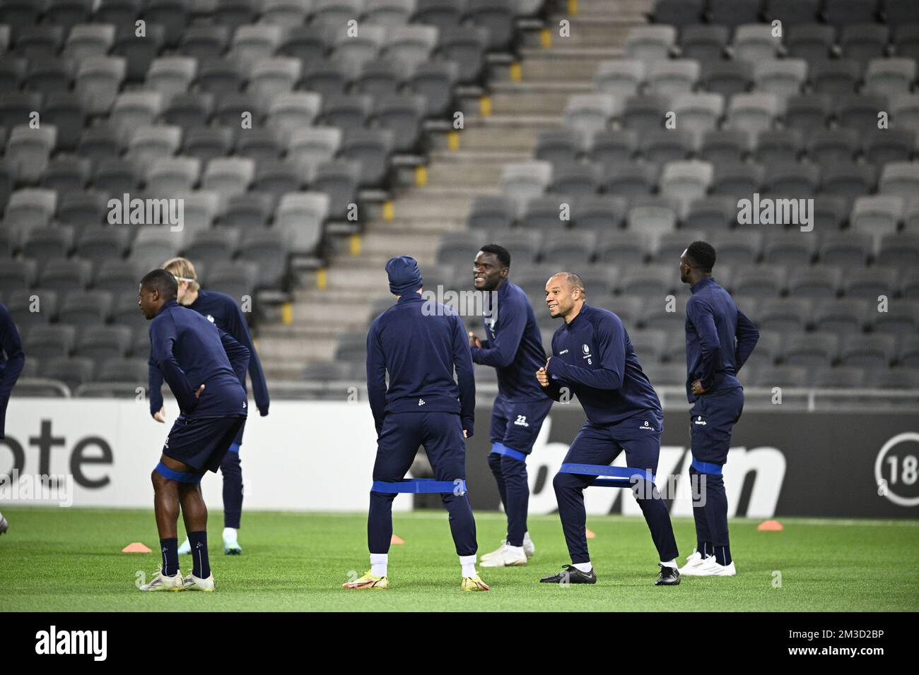 Gent's Sulayman Marreh (C) and Gent's Vadis Odjidja-Ofoe (2nd R) and other Gent's players pictured during a training session of Belgian soccer team KAA Gent, Wednesday 12 October 2022 in Johanneshov, Stockholm, Sweden, in preparation of tomorrow's game against Swedish team Djurgardens IF on day four of the Uefa Europa Conference League group stage. BELGA PHOTO JASPER JACOBS  Stock Photo