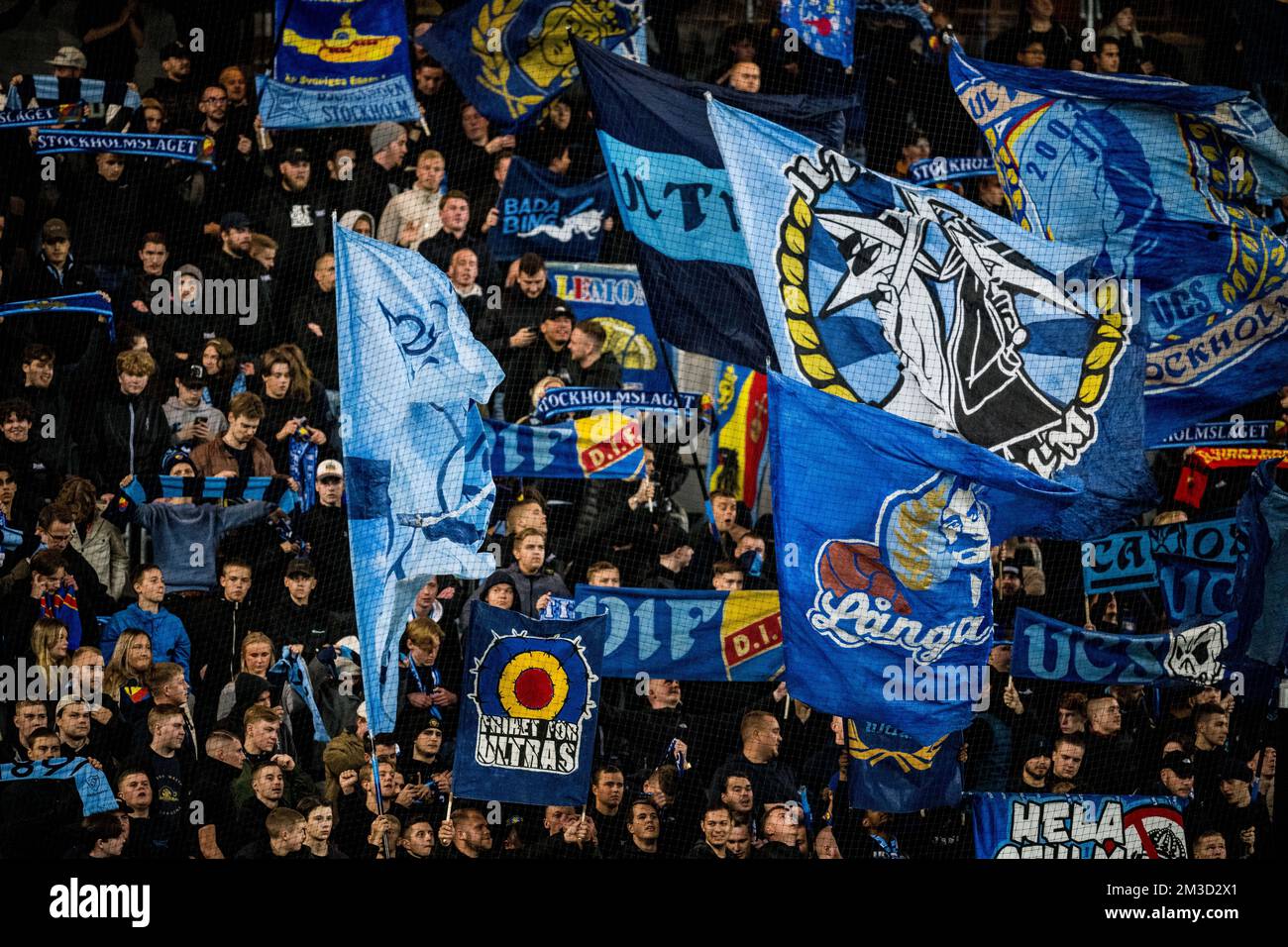Djurgardens' supporters pictured at the start of a soccer match between Swedish Djurgardens IF and Belgian KAA Gent, Thursday 13 October 2022 in Stockholm, Sweden , on day four of the UEFA Europa Conference League group stage. BELGA PHOTO JASPER JACOBS Stock Photo