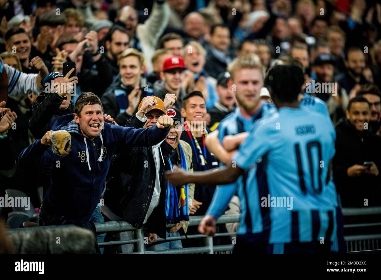 Djurgardens' Kalle Holmberg celebrates after scoring during a soccer match between Swedish Djurgardens IF and Belgian KAA Gent, Thursday 13 October 2022 in Stockholm, Sweden , on day four of the UEFA Europa Conference League group stage. BELGA PHOTO JASPER JACOBS Stock Photo
