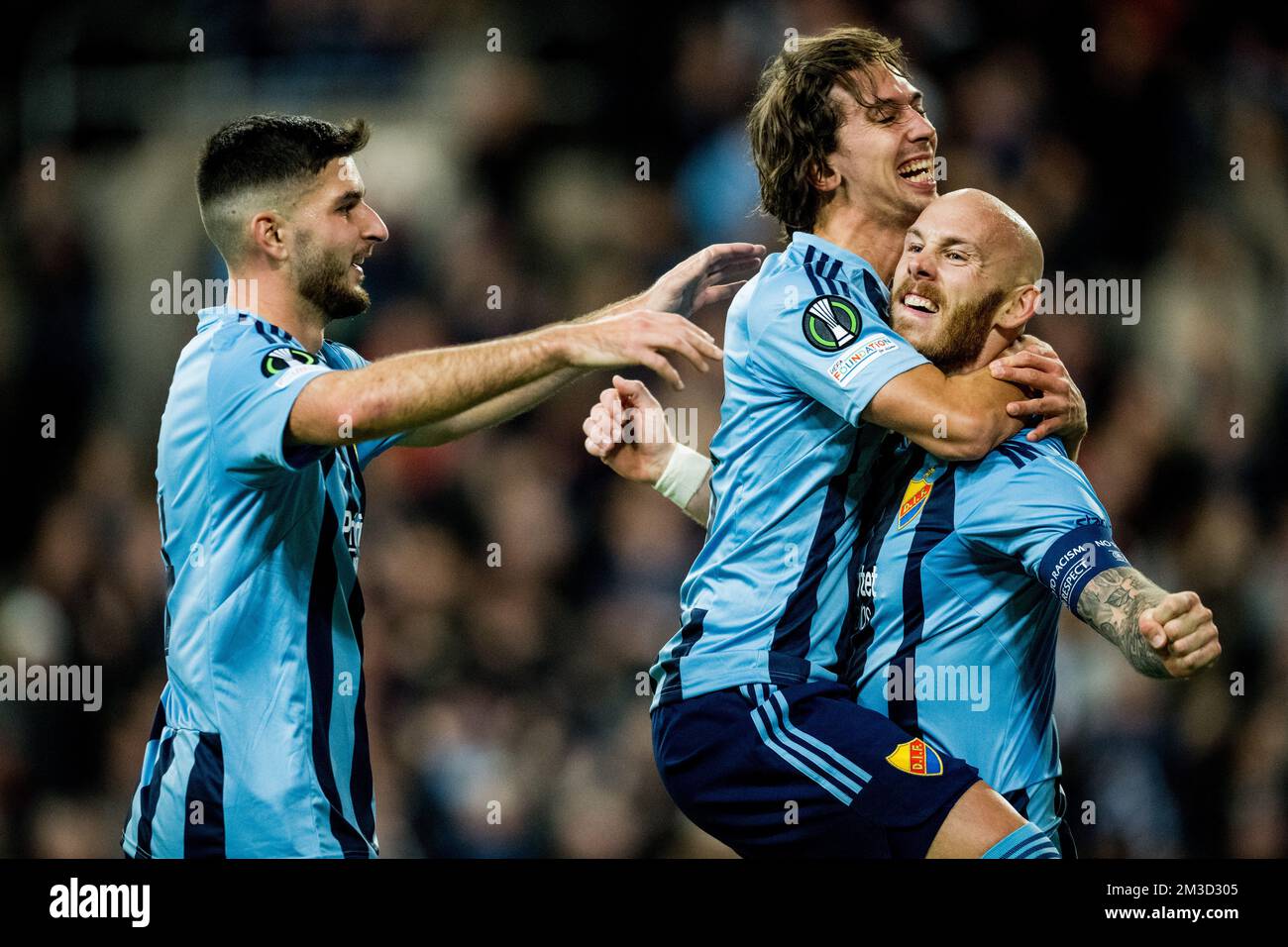 Djurgardens' Gustav Wikheim and Djurgardens' Magnus Eriksson celebrate after scoring during a soccer match between Swedish Djurgardens IF and Belgian KAA Gent, Thursday 13 October 2022 in Stockholm, Sweden , on day four of the UEFA Europa Conference League group stage. BELGA PHOTO JASPER JACOBS Stock Photo