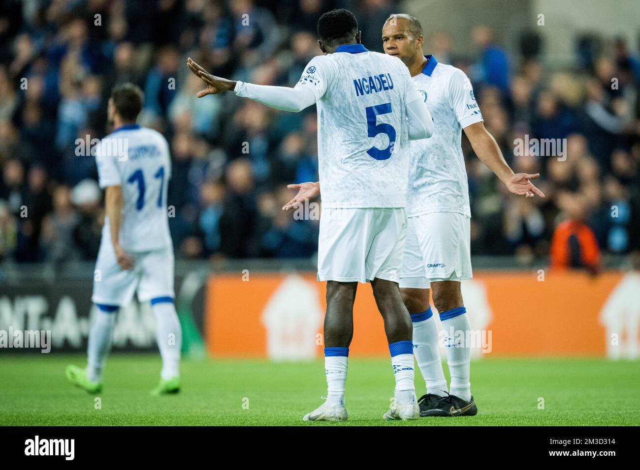 Gent's Vadis Odjidja-Ofoe and Gent's Michael Ngadeu reacts during a soccer match between Swedish Djurgardens IF and Belgian KAA Gent, Thursday 13 October 2022 in Stockholm, Sweden , on day four of the UEFA Europa Conference League group stage. BELGA PHOTO JASPER JACOBS Stock Photo
