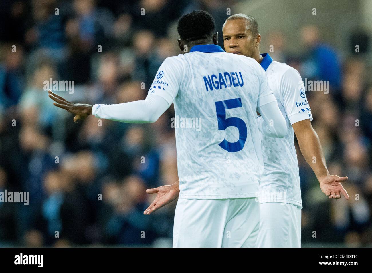 Gent's Vadis Odjidja-Ofoe and Gent's Michael Ngadeu reacts during a soccer match between Swedish Djurgardens IF and Belgian KAA Gent, Thursday 13 October 2022 in Stockholm, Sweden , on day four of the UEFA Europa Conference League group stage. BELGA PHOTO JASPER JACOBS Stock Photo