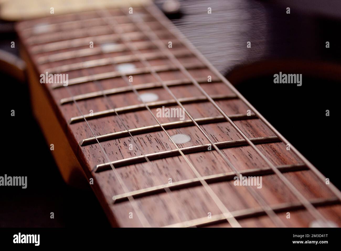 closeup to a six electric guitar strings and wooden fretboards ...