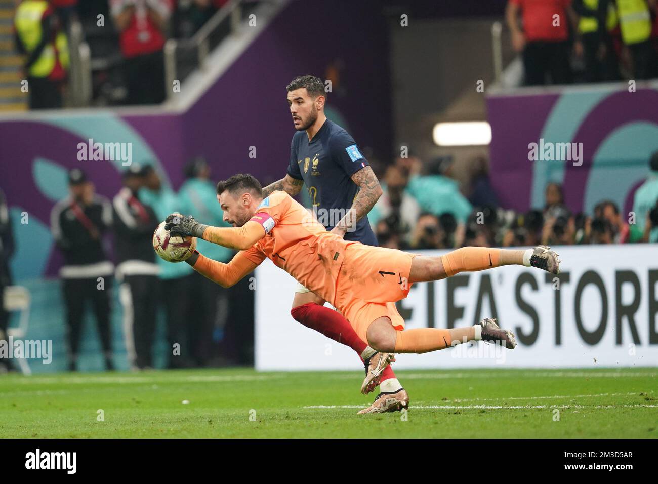 DOHA, QATAR - DECEMBER 14: Player of France Hugo Lloris saves the ball during the FIFA World Cup Qatar 2022 Semi-finals match between France and Morocco at Al Bayt Stadium on December 14, 2022 in Al Khor, Qatar. (Photo by Florencia Tan Jun/PxImages) Credit: Px Images/Alamy Live News Stock Photo