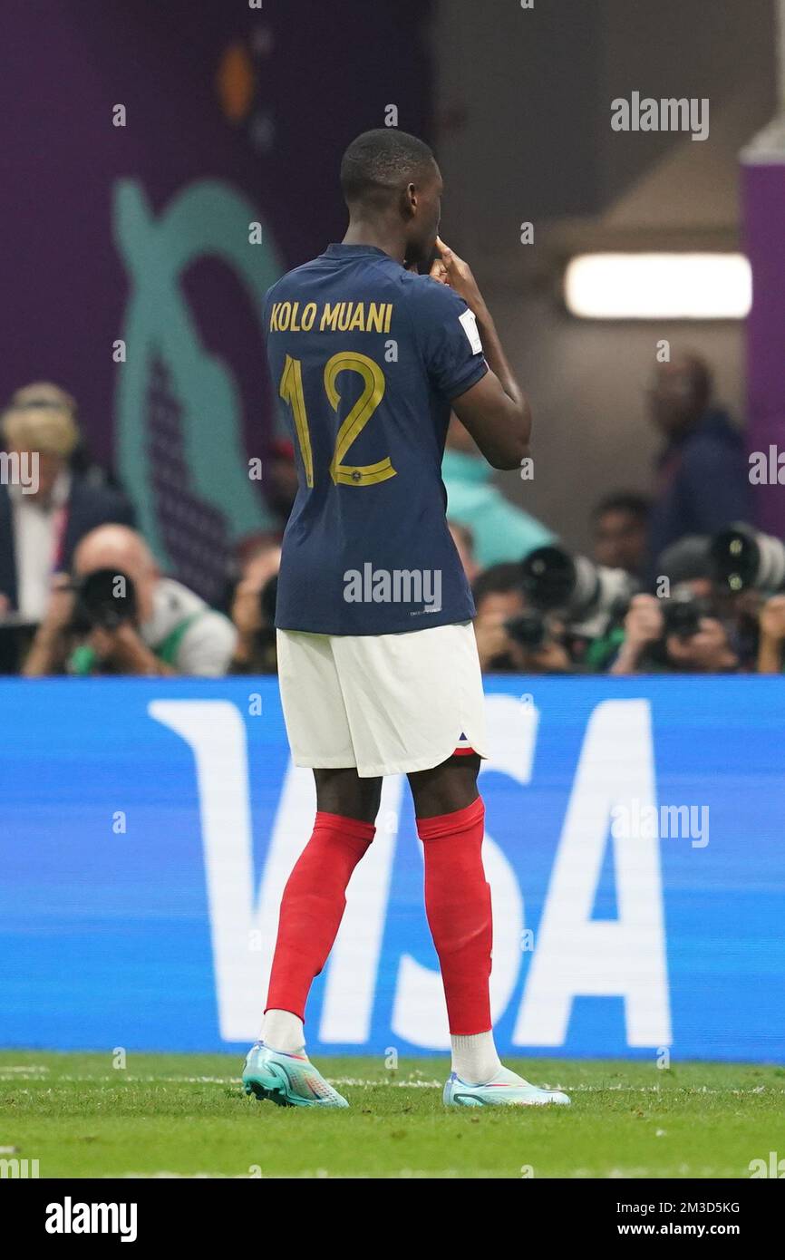 DOHA, QATAR - DECEMBER 14: Player of France Randal Kolo Muani celebrates after scoring a goal during the FIFA World Cup Qatar 2022 Semi-finals match between France and Morocco at Al Bayt Stadium on December 14, 2022 in Al Khor, Qatar. (Photo by Florencia Tan Jun/PxImages) Credit: Px Images/Alamy Live News Stock Photo