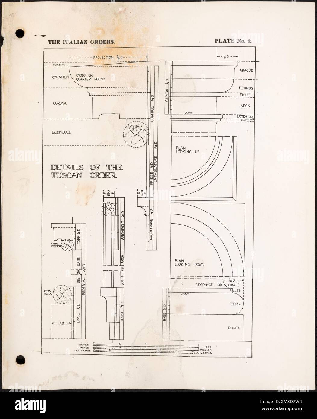 The Italian orders, plate no. 2, details of the Tuscan order , Capitals Columns, Architectural orders. The Massachusetts WPA Federal Art Project Photograph Collection Stock Photo