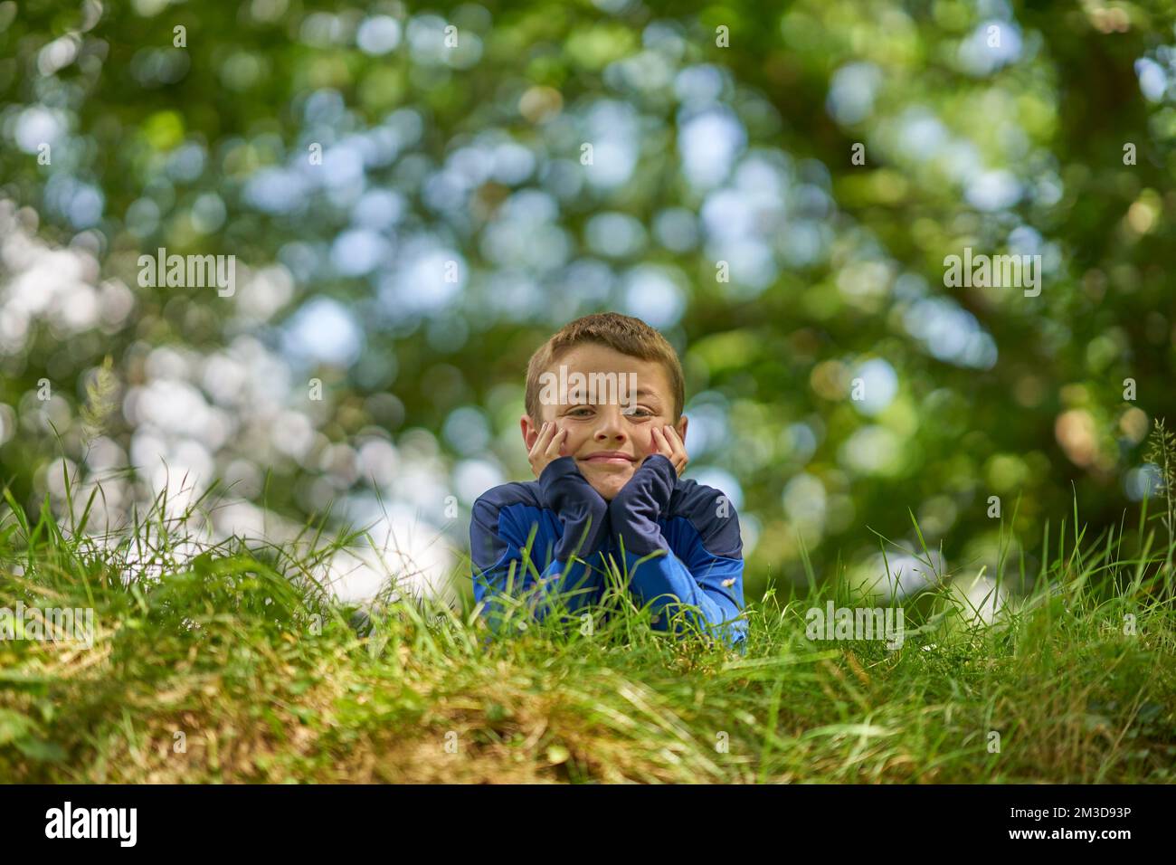 A portrait of a young happy boy in a green park, in deep thought. Stock Photo