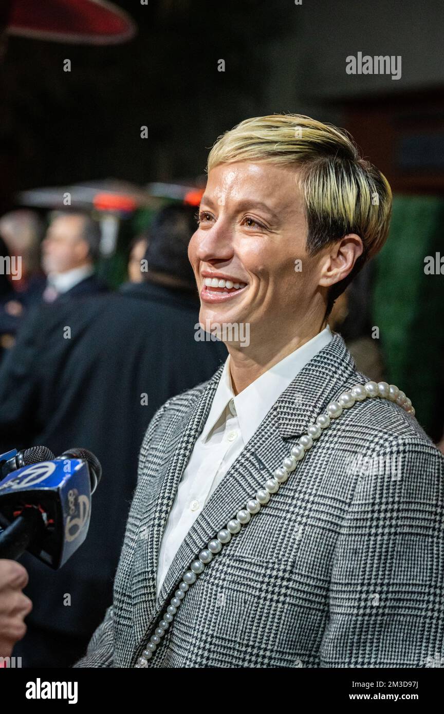 Close-up vertical photo of soccer star Megan Rapinoe being interviewed on the red carpet at California Museum's Hall of Fame induction ceremony. Stock Photo
