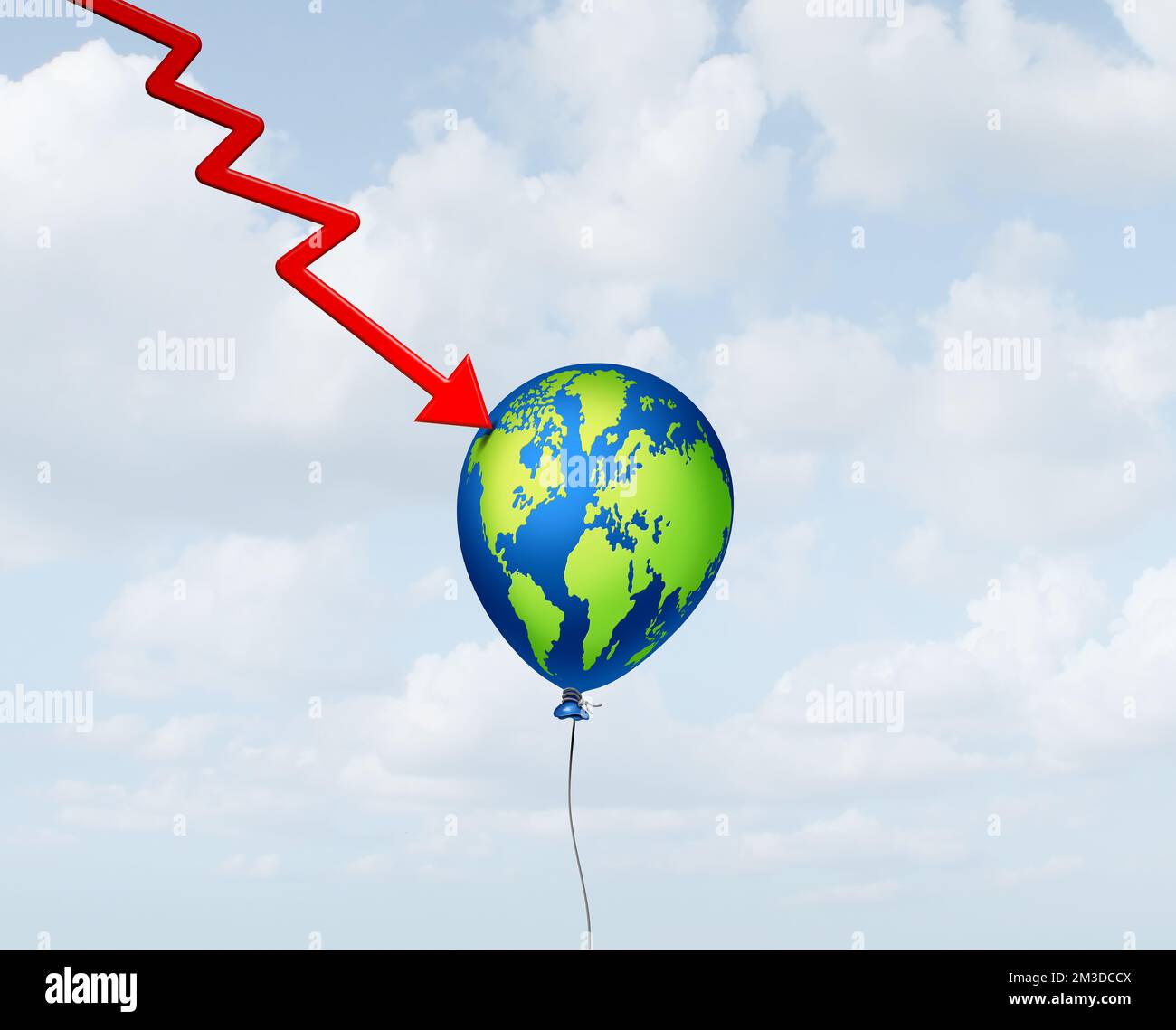 Global recession risk and world economy declining as international business crisis or economic decline and financial fall as a downward arrow piercing Stock Photo
