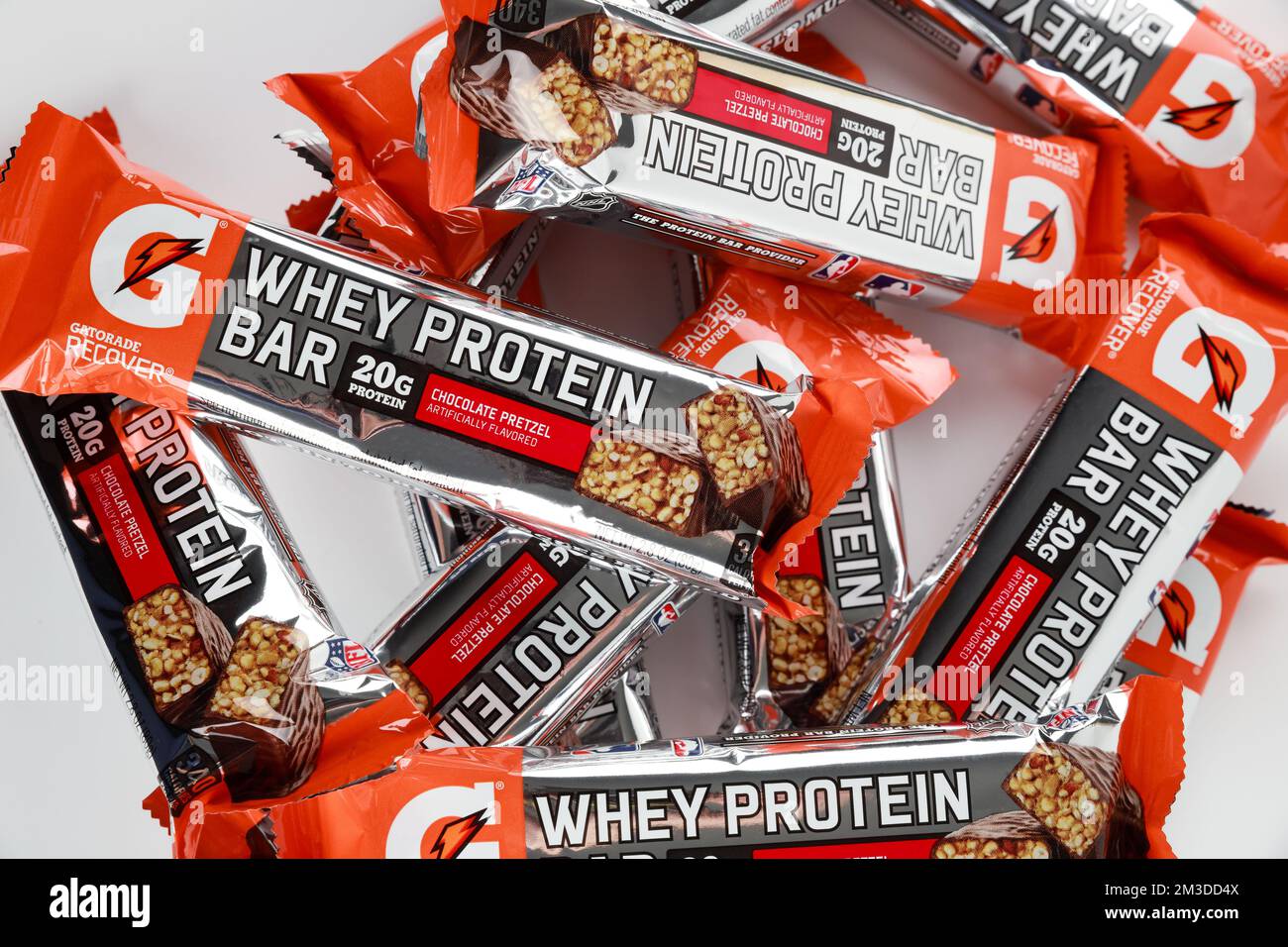 Chocolate whey protein bar with pretzels from Gatorade Stock Photo Alamy