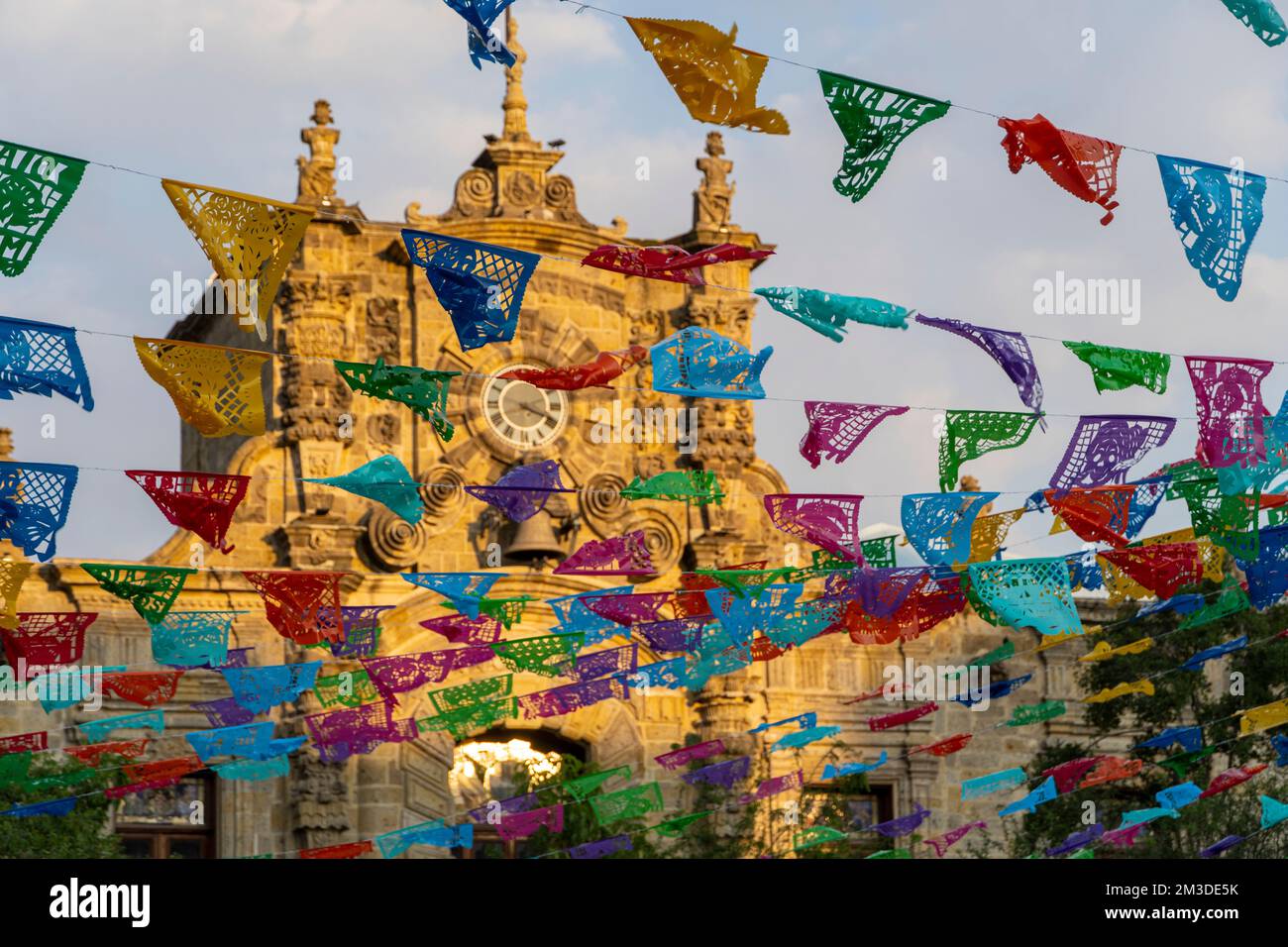 papel picado hanging in mexican festivities in public spaces, mexico Stock Photo