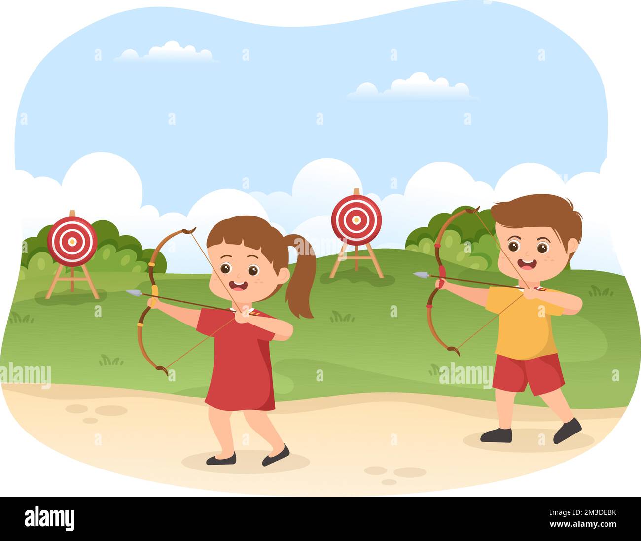 Archery sport with kids bow and arrow pointing at target for outdoor