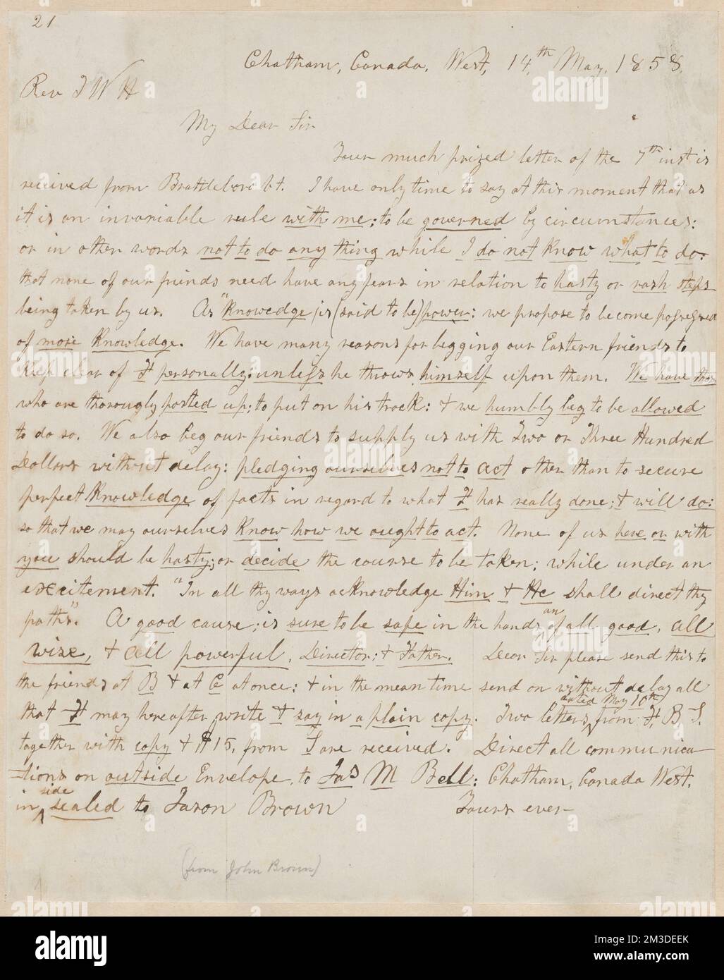 John Brown autograph letter to Thomas Wentworth Higginson, Chatham, Canada West., 14 May 1858 , Abolitionists, United States, Antislavery movements, United States, History, 19th century, Harpers Ferry W. Va., History, John Brown's Raid, 1859, Forbes, Hugh, active approximately 1848-approximately 1857. John Brown- Correspondence relating to John Brown and the raid on Harpers Ferry Stock Photo