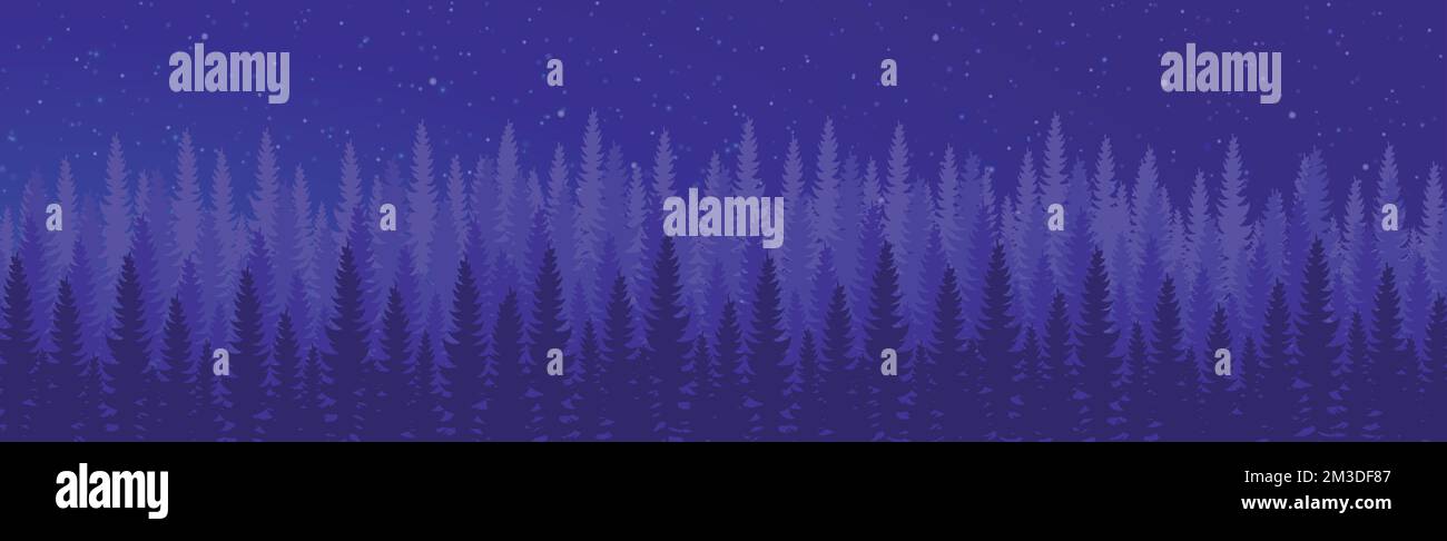 Panorama of dense night forest, fir and pine trees of natural green ...