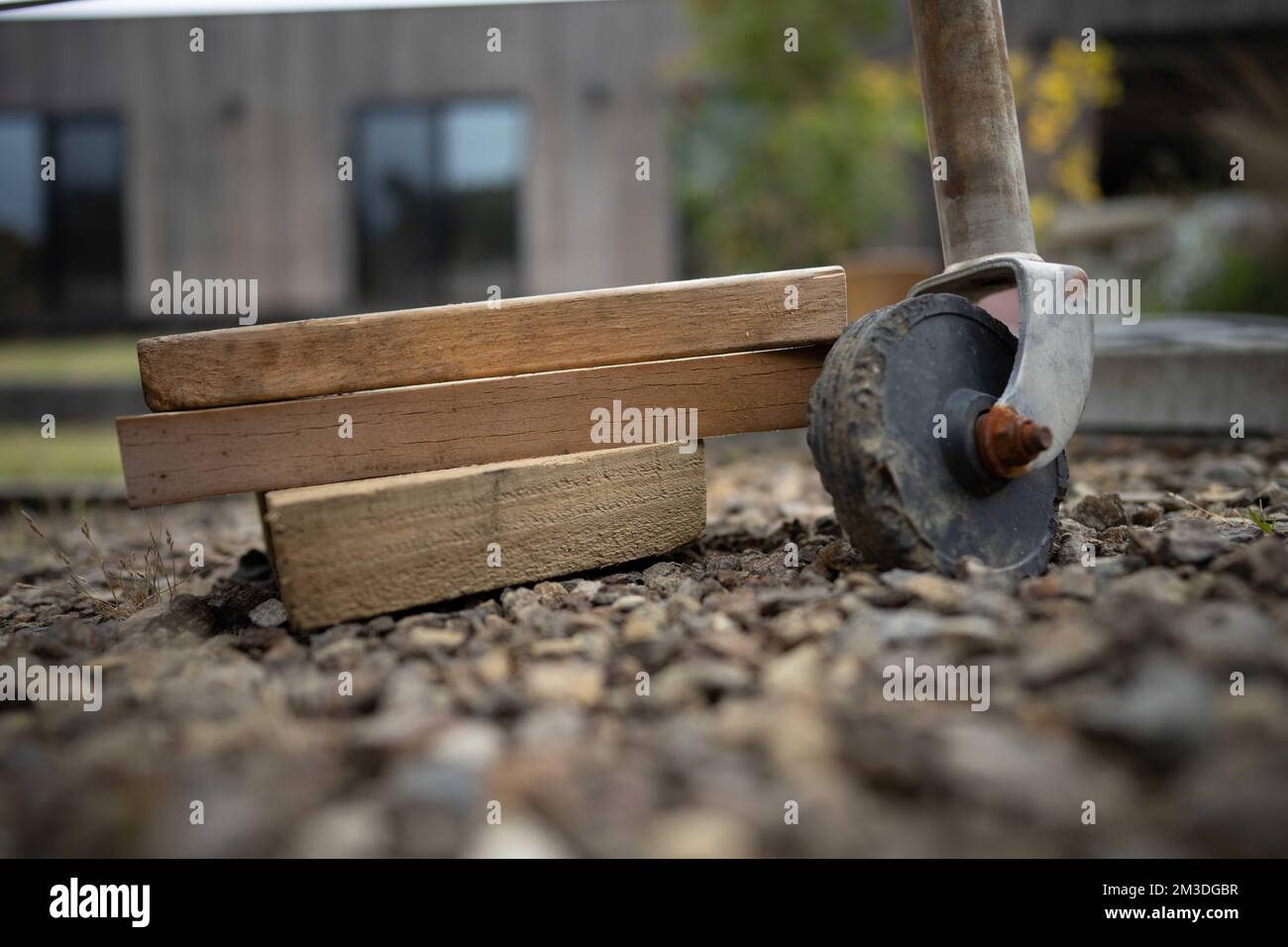 tyre blocks for a trailer in a park for camping Stock Photo Alamy