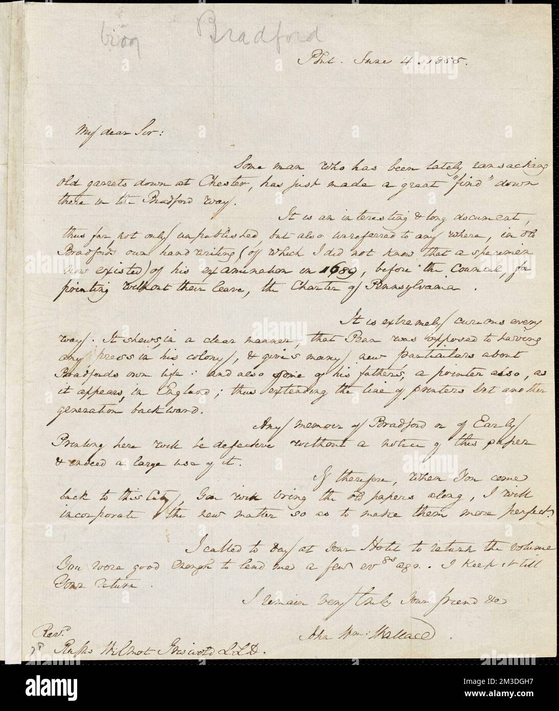 John William Wallace, Philadelphia, PA., autograph letter signed to R